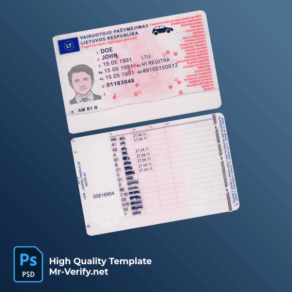 Lithuania-driver-license-mrverify Lithuania (Litva) driver license template new version