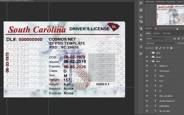 SC South Carolina driver license Psd Template