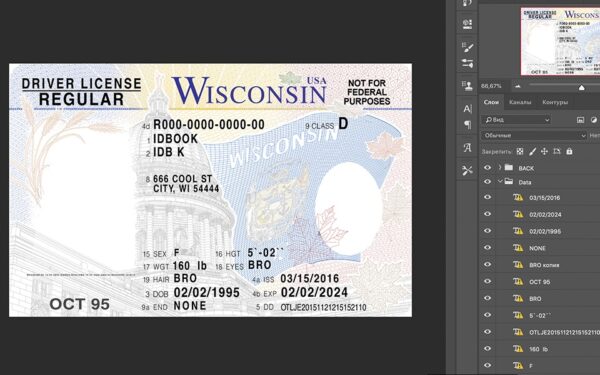 WI Wisconsin driver license Psd Template