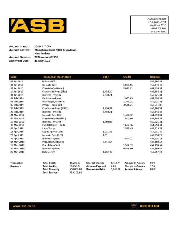 New Zealand ASB proof of addres bank statement template in Word and PDF format