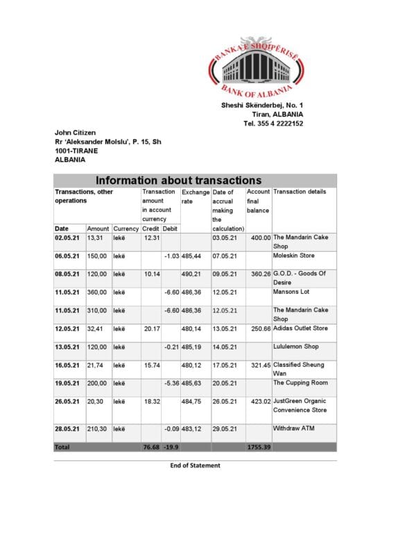 Albania Bank of Albania bank statement template in Excel an PDF format