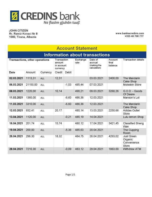 Albania-Credins-Bank-statement-template-in-Word-and-PDF-format.jpg Albania Credins Bank statement template in Word and PDF format