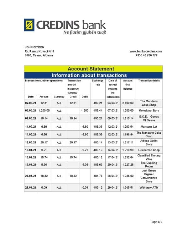 Albania Credins bank statement template in Excel and PDF format