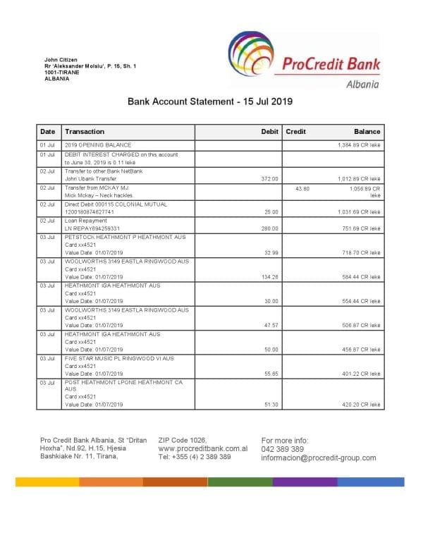 Albania-Prokredit-Bank-statement.jpg Albania ProCreditBank proof of address bank statement Word and PDF template, .doc and .pdf format