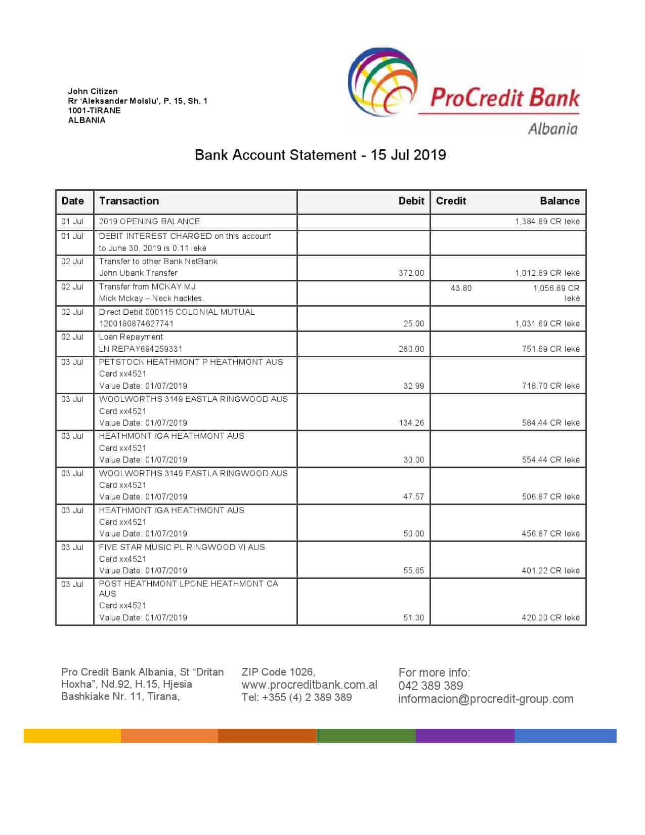 Albania-Prokredit-Bank-statement.jpg Albania ProCreditBank proof of address bank statement Word and PDF template, .doc and .pdf format