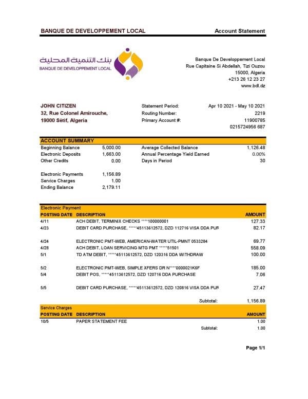 Algeria Banque De Developpement Local bank statement template in Excel and PDF format