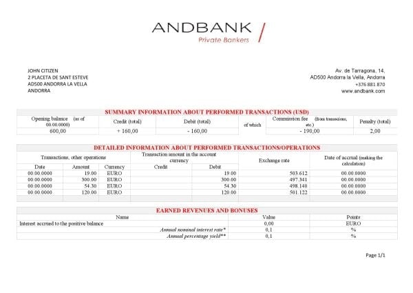 Andorra-Andbank-bank-statement.jpg Andorra Andbank bank statement template in Word and PDF format, good for address prove