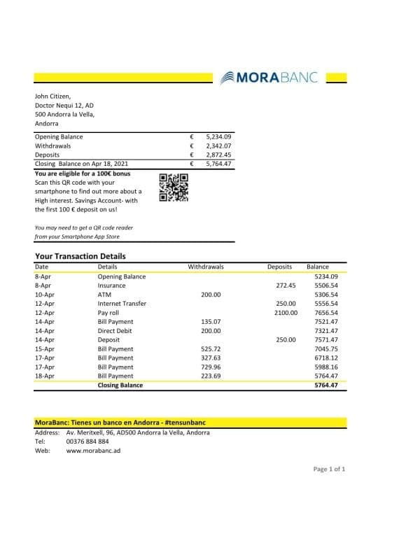 Andorra MoraBank bank statement template in Excel and PDF format