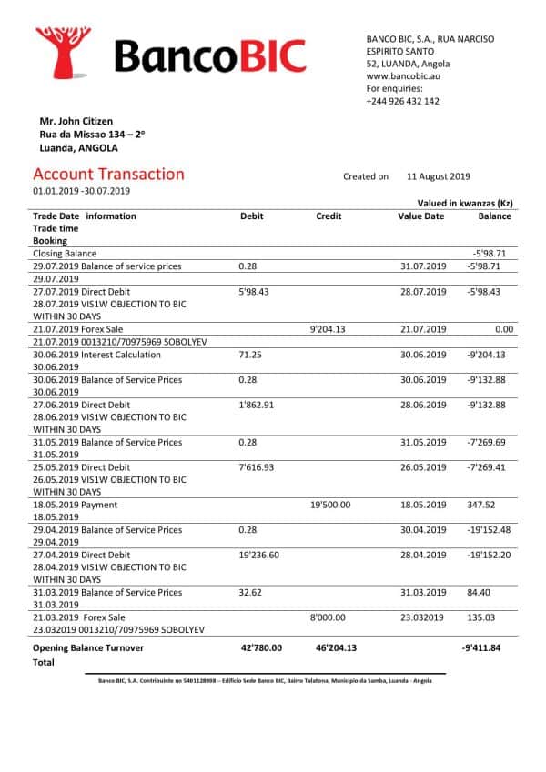 Angola Banco BIC proof of address bank statement template in Word and PDF format