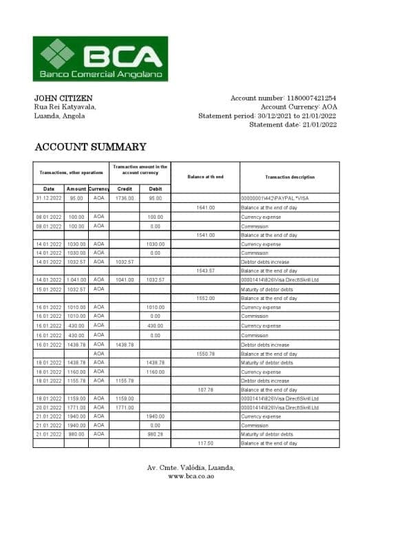 Angola Banco Comercial Angolano statement template in Excel and PDF format