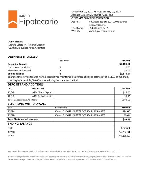 Argentina Banco Hipotecario bank statement template in Word and PDF format
