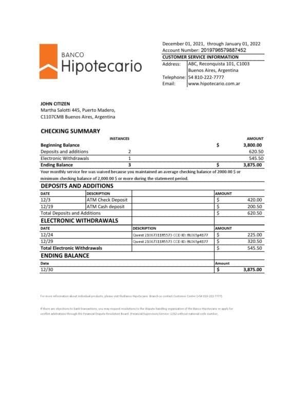 Argentina Banco Hipotecario bank statement template in Excel and PDF format