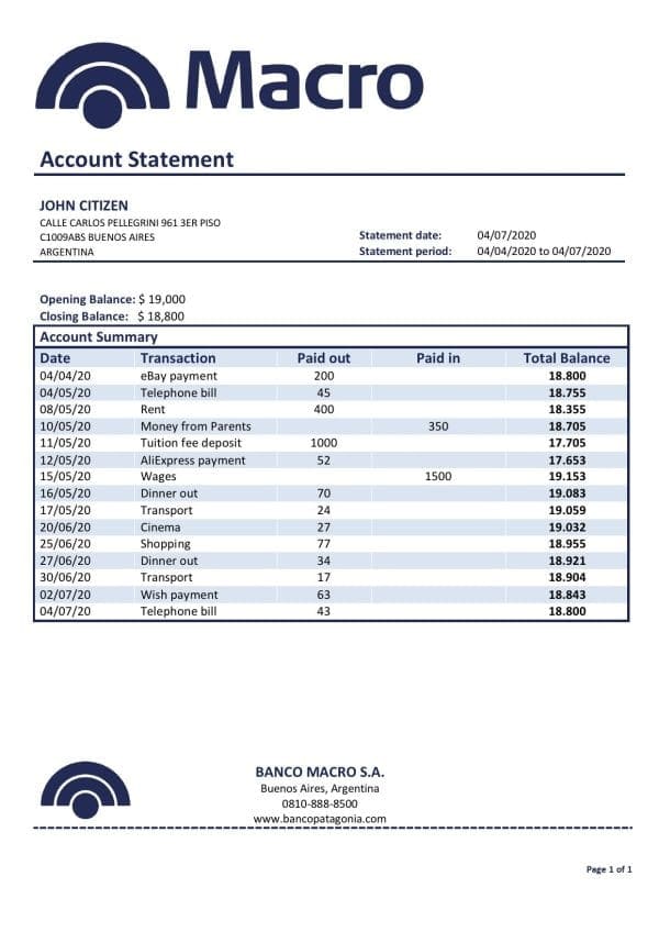 Argentina Banco Macro S.A. bank statement template in Word and PDF format