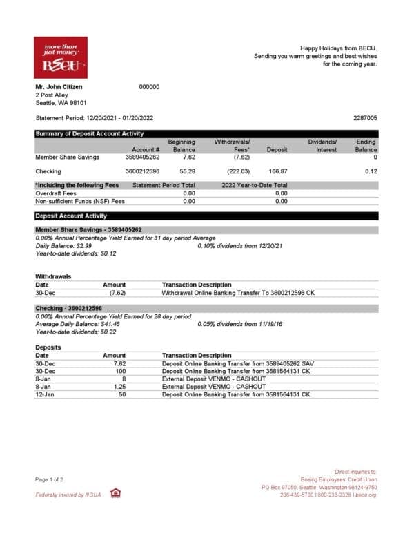 Australia BECU bank statement easy to fill template in Excel and PDF format, 2 pages