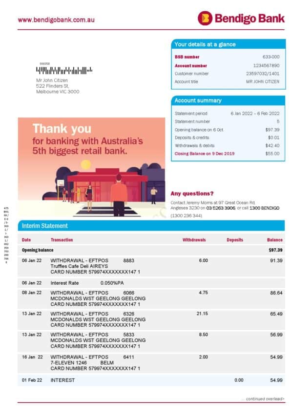 Australia-Bendigo-Bank-Statement_000001-1.jpg Australia Bendigo Bank Statement Word and PDF Template, 2 pages