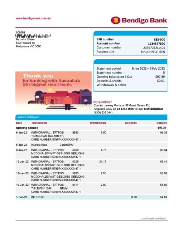 Australia Bendigo bank statement easy to fill template in Excel and PDF format, 2 pages