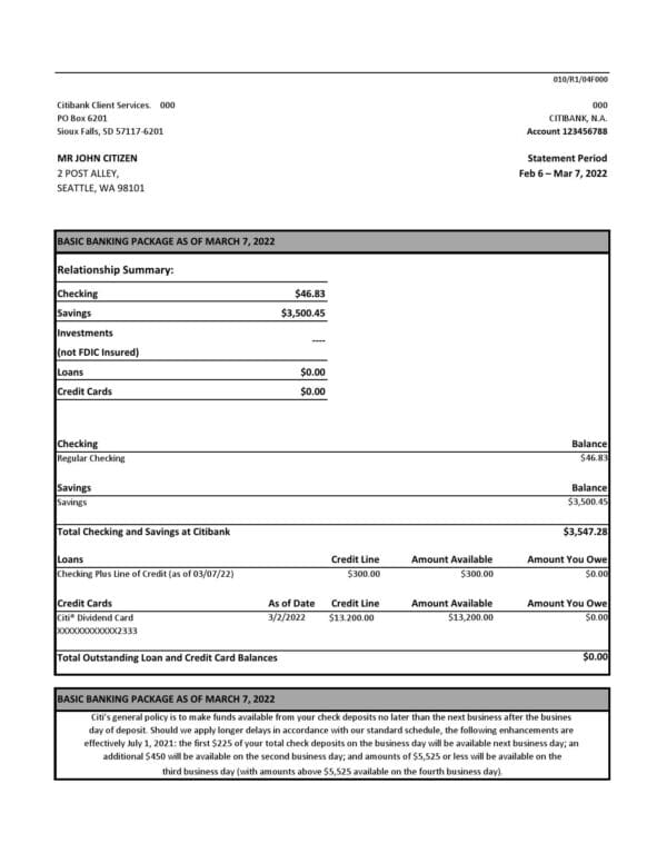 Australia Citibank Bank Statement Excel and PDF Template