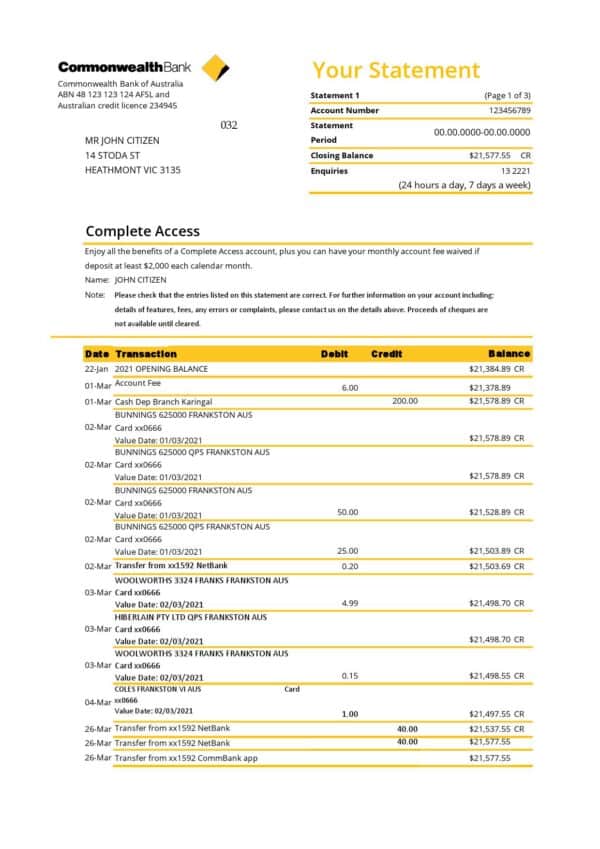 Australia Commonwealth Bank Statement Template in Excel and PDF Format (3 Pages), Version 2