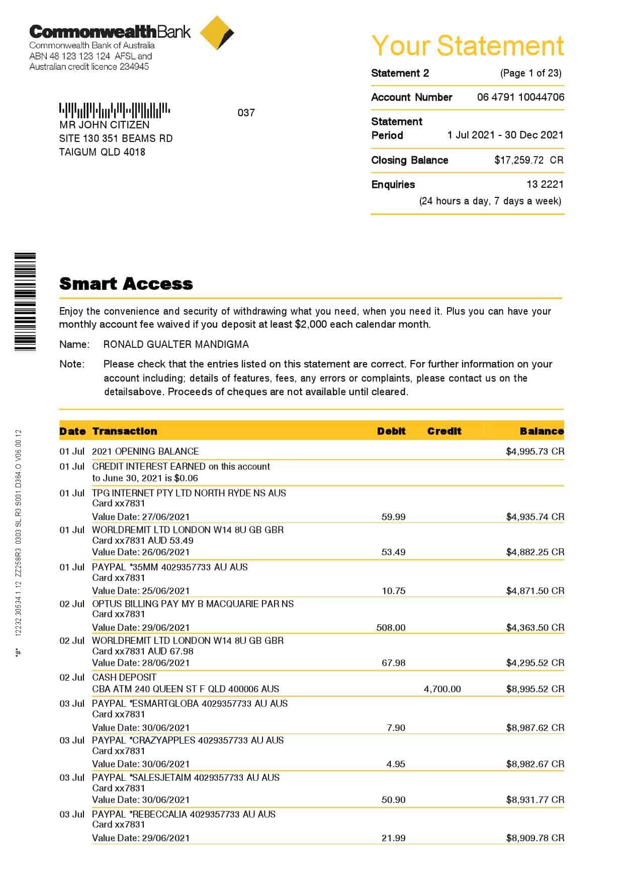 Australia-Commonwealth-J-C_000001.jpg Australia Commonwealth bank statement template in Word and PDF format, 23 pages