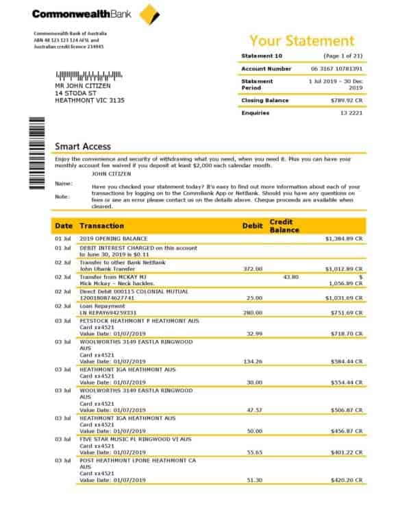 Australia Commonwealth bank statement template in Word and PDF format, good for address prove