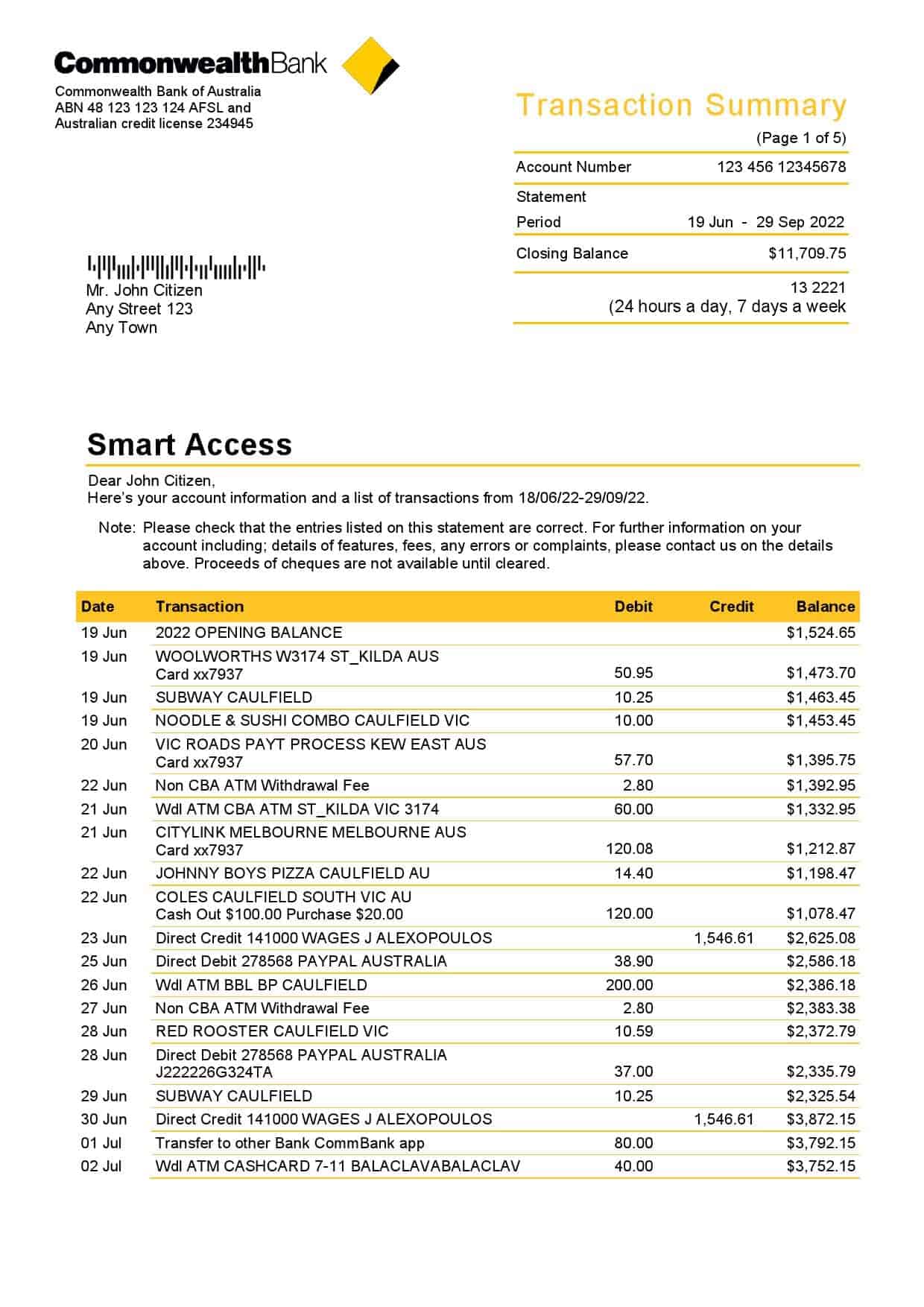 Australia-Commonwealth_000001.jpg Australia Commonwealth bank statement, Word and PDF template, 5 pages
