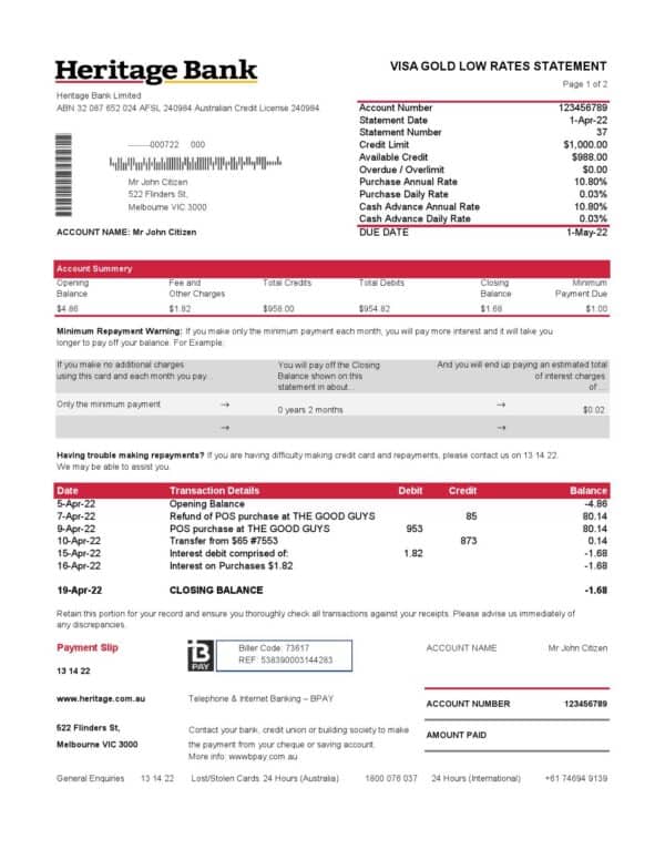 Australia Heritage bank statement easy to fill template in Excel and PDF format, 2 pages