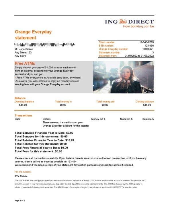 Australia ING Direct bank statement, Excel and PDF template, 2 pages