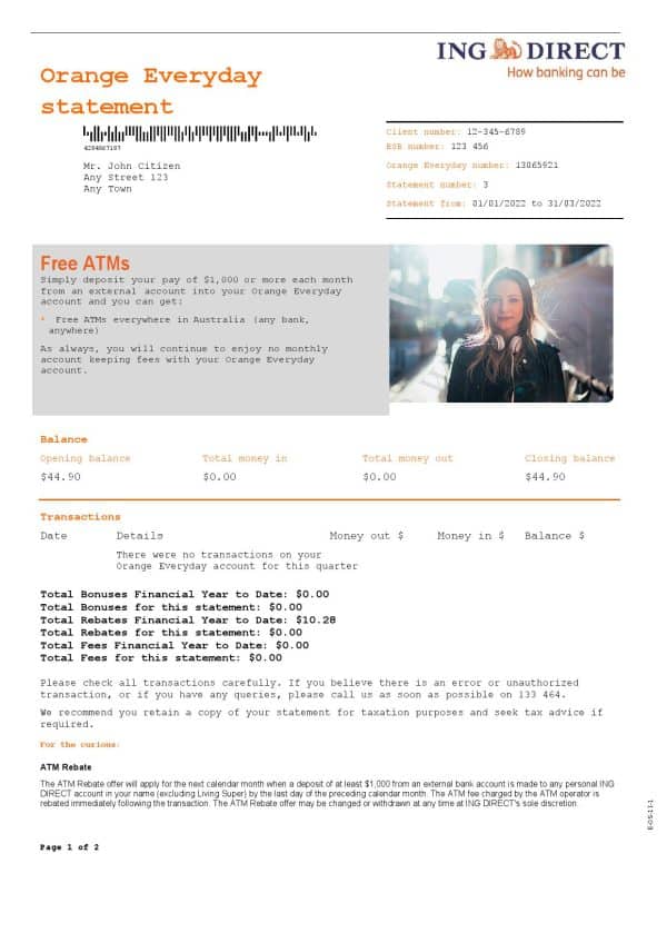 Australia ING Direct bank statement, Word and PDF template, 2 pages
