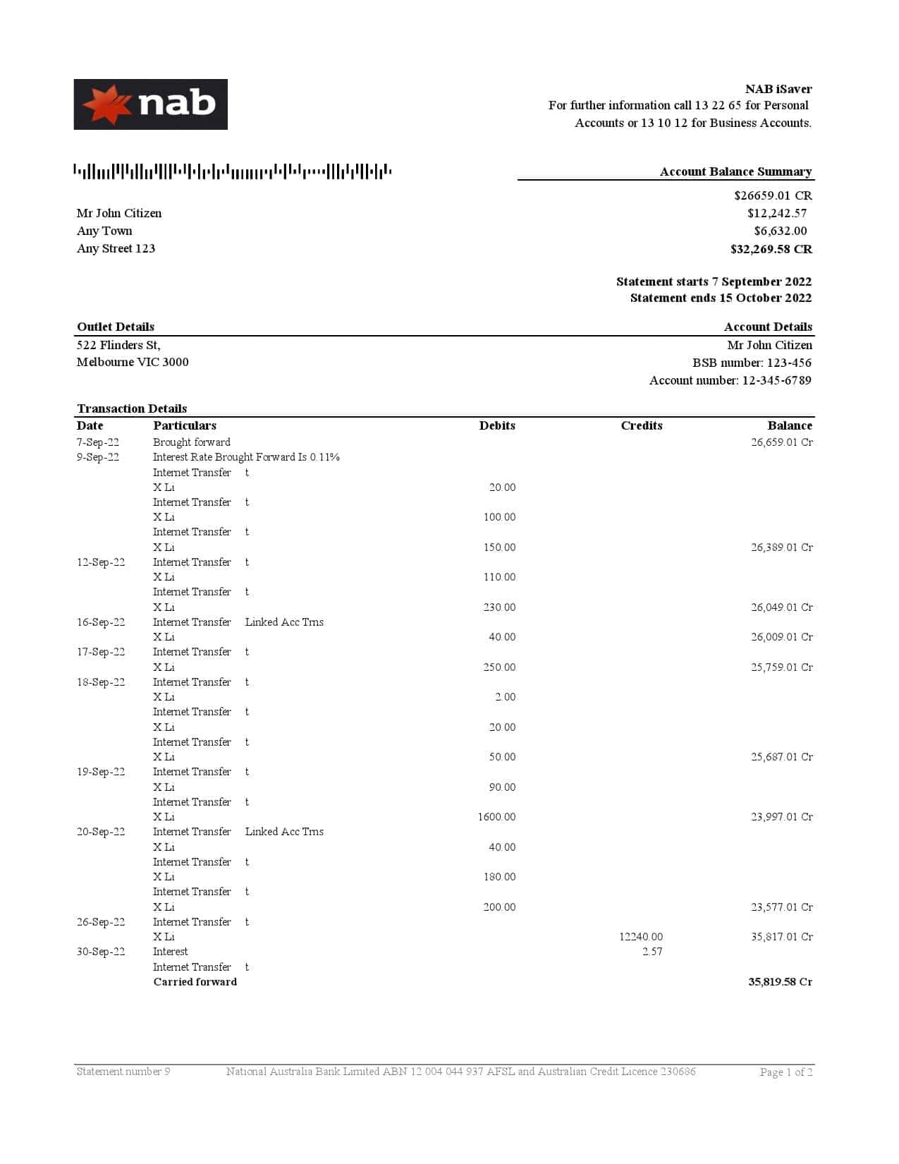 Australia-NAB-bank-statement-2-pages_000001.jpg Australia NAB Bank Statement Excel and PDF Template 2 Pages