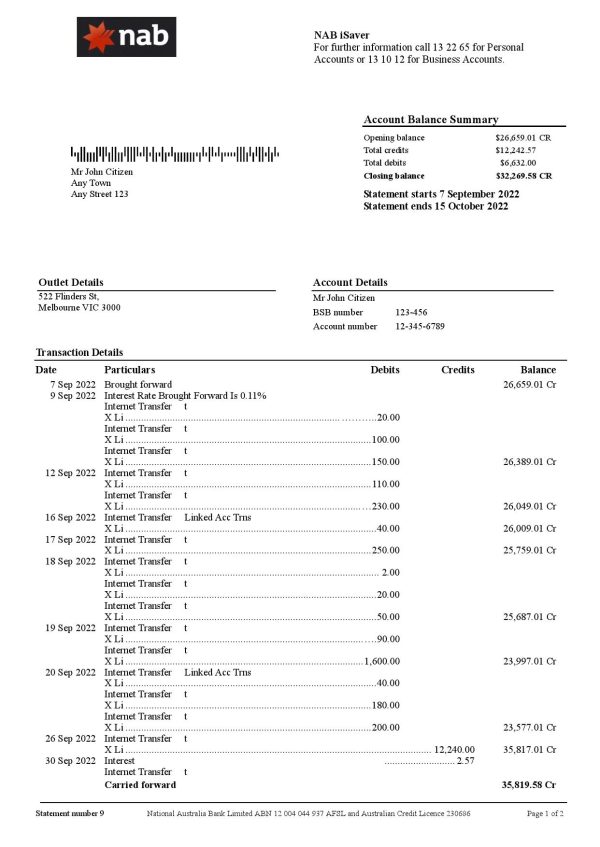Australia NAB bank statement, Word and PDF template, 2 pages