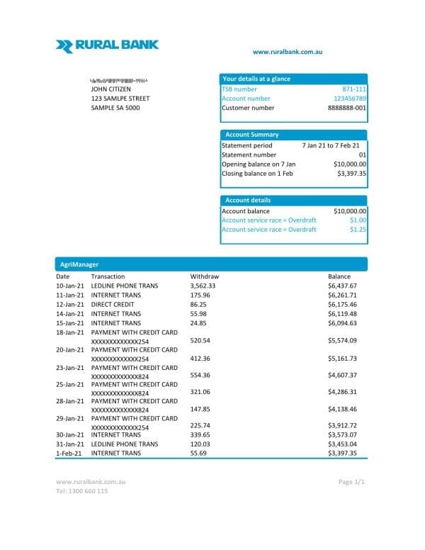 Australia Rural bank proof of address statement template in Word and PDF format