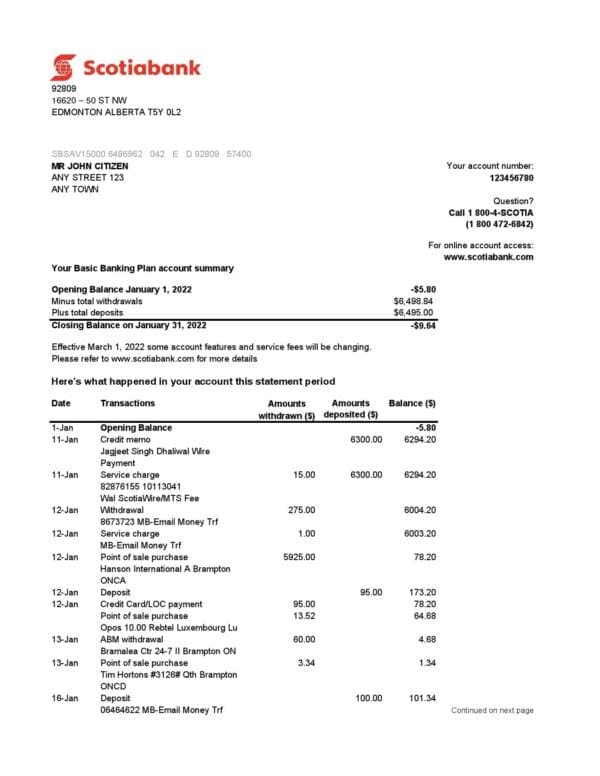 Australia Scotiabank bank statement, Excel and PDF template, 2 pages