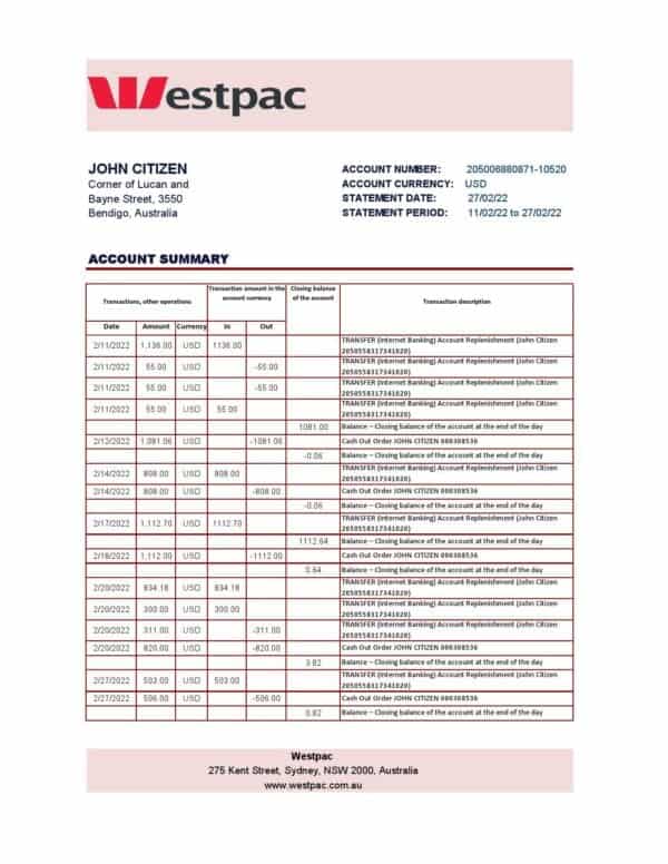Australia Westpac Bank Statement Template in Excel and PDF Format