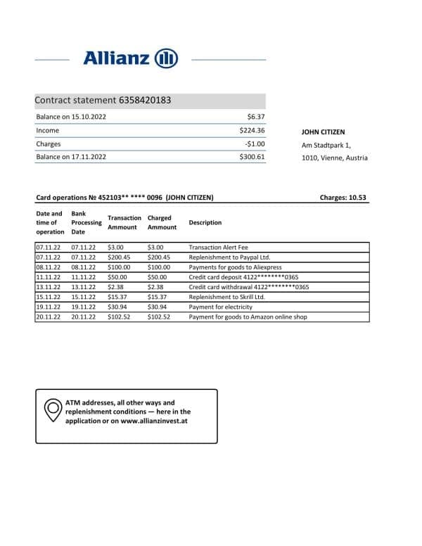 Austria Allianz Investment bank statement template in Excel and PDF format
