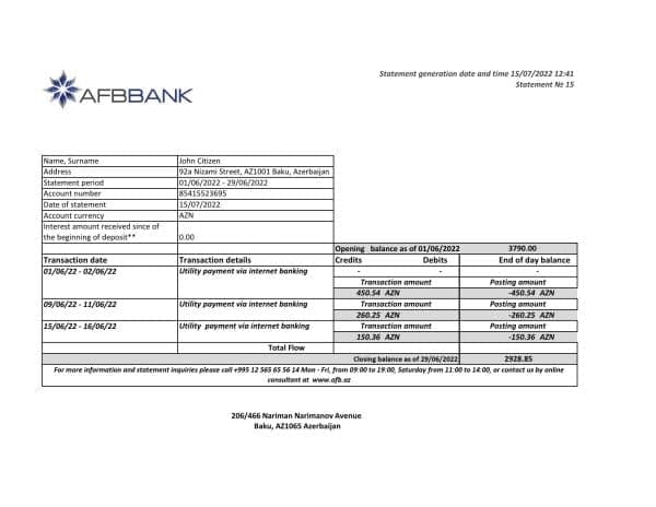Azerbaijan Afbbank bank statement template in Excel and PDF format