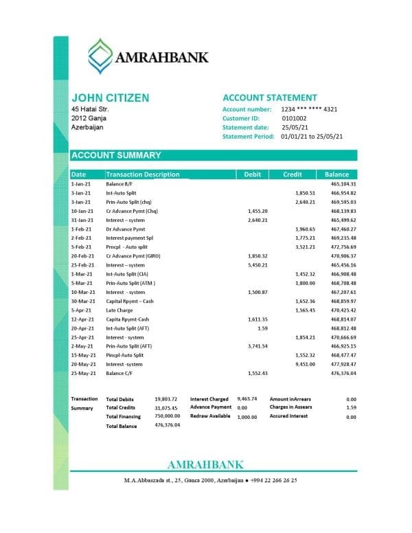 Azerbaijan Amrahbank bank statement easy to fill template in Excel and PDF format