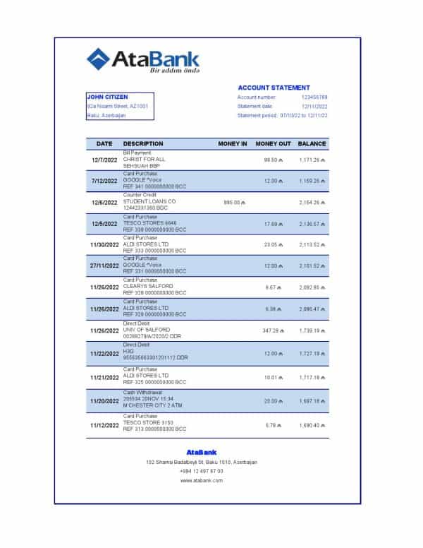 Azerbaijan AtaBank bank statement template in Excel and PDF format
