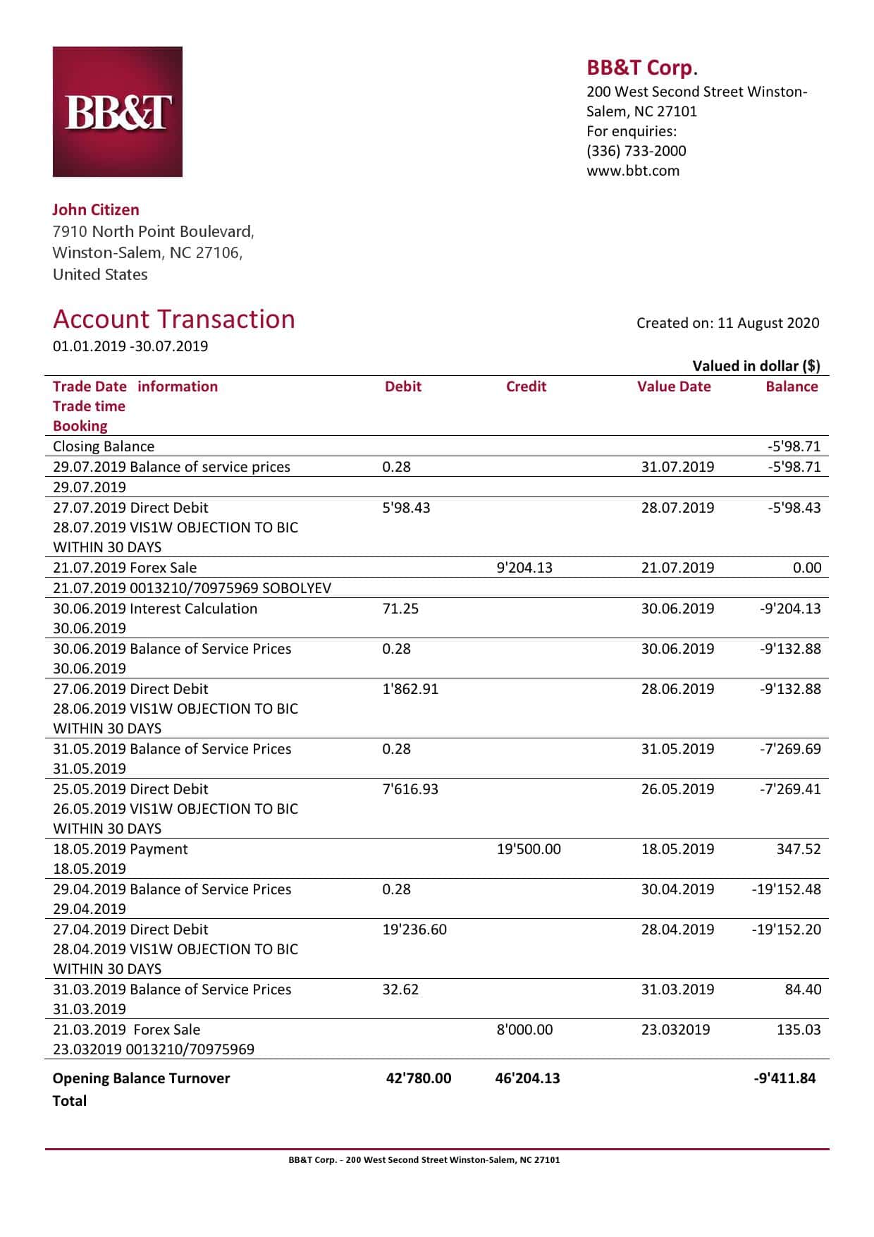 BBT-Corp_000001.jpg USA BB&T Corp. bank statement template in Word and PDF format