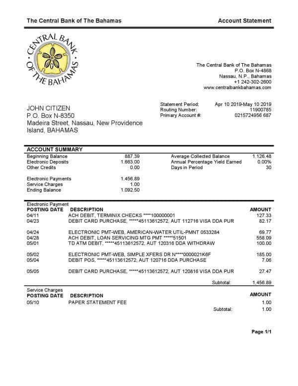 Bahamas The Central Bank of The Bahamas bank statement template in Word and PDF format, good for address prove