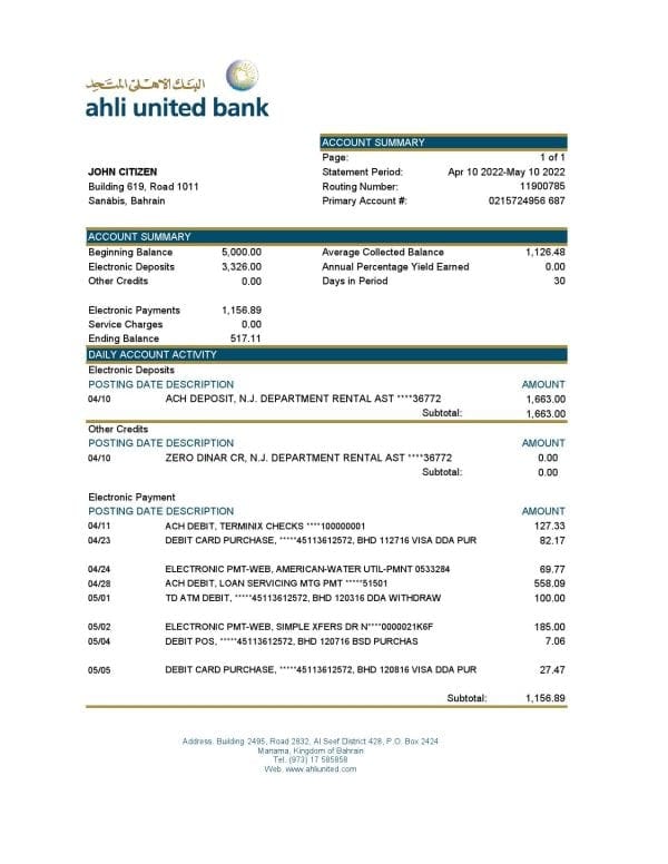 Bahrain Ahli United bank statement template in Excel and PDF format