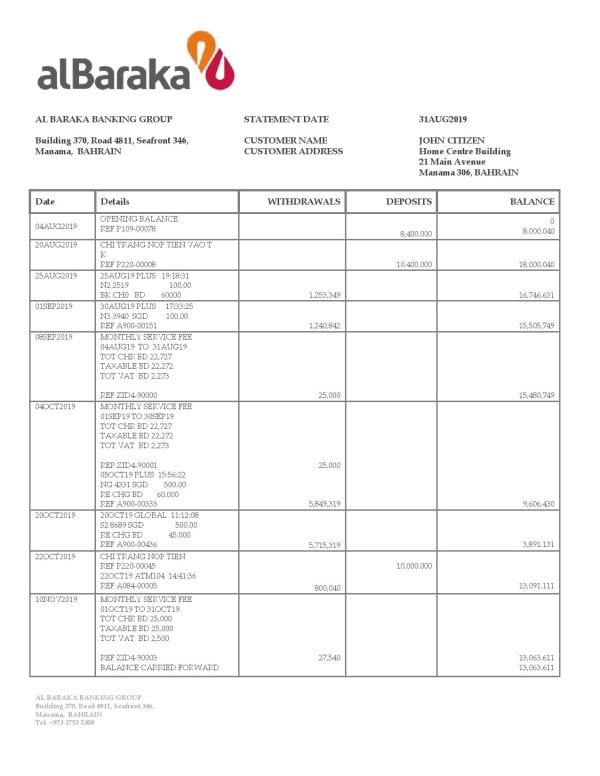 Bahrain Al Baraka bank statement template in Word and PDF format