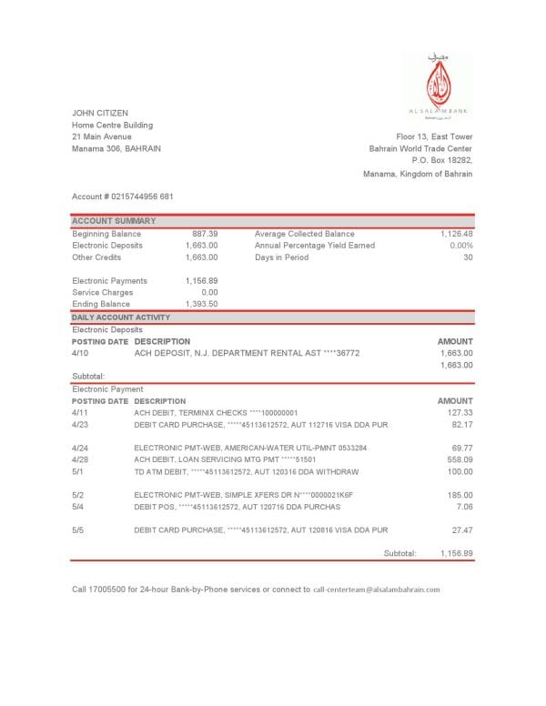 Bahrain Al Salam Bank proof of address statement template in Word and PDF format