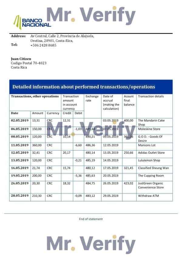 Costa Rica Banco Nacional bank statement easy to fill template in .xls and .pdf file format