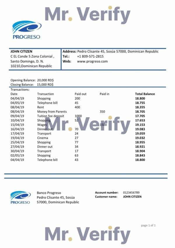 Dominican Republic Progreso bank statement template, Word and PDF format (.doc and .pdf)
