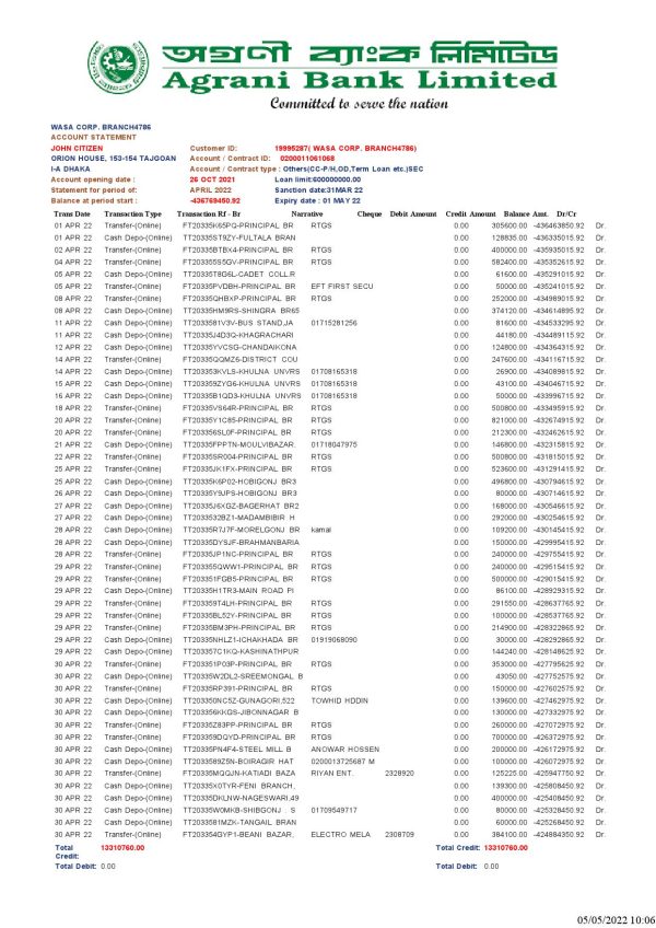 Bangladesh Agrani Bank statement, Word and PDF template
