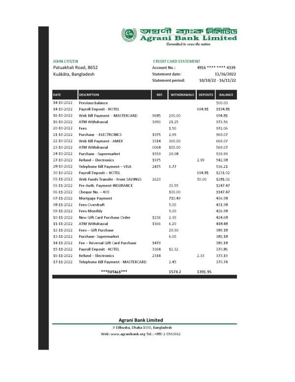 Bangladesh Agrani Bank statement template in Excel and PDF format
