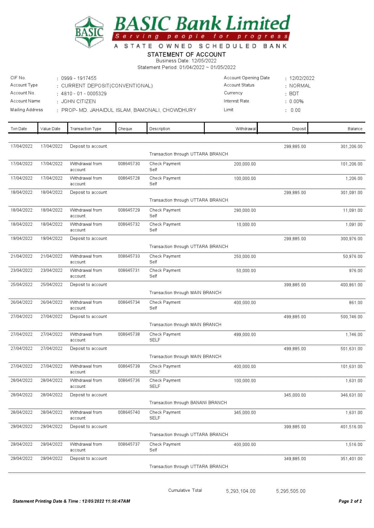 Bangladesh-Basic-bank-statement-2-pages_000002.jpg Bangladesh Basic bank statement Word and PDF template, 2 pages - Image 2