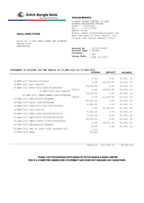 Bangladesh Dutch-Bangla bank statement Word and PDF template