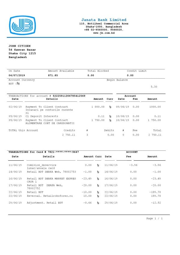 Bangladesh Janata Bank statement easy to fill template in Word and PDF format
