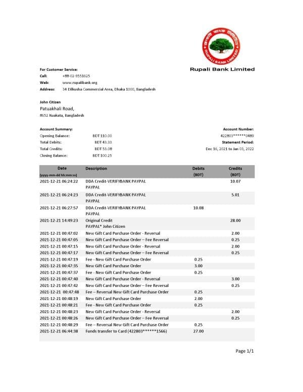 Bangladesh Rupalii bank statement template in Excel and PDF format